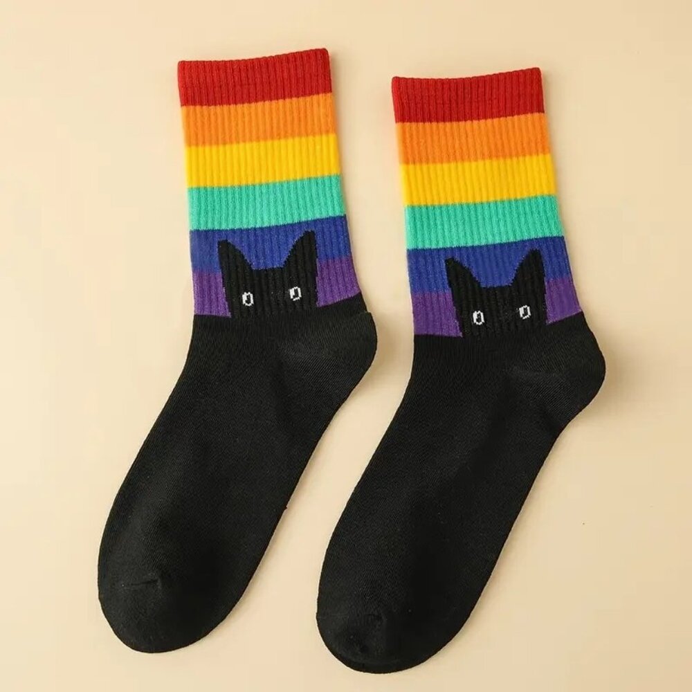 Single and Double Rainbow Kitten Ribbed Mid-Calf Socks UNISEX KWOT - Picture 2 of 3